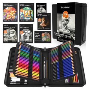 Kit de desenho Shuttle Art 124 peças com lápis de grafite carvão lápis de cor aquareláveis metálicos pastéis e blocos de papel em estojo com zíper
