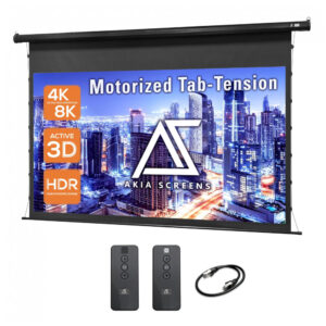 Tela de projeção motorizada 120" 16:9 Akia Screens CineWhite P branca tab-tension retrátil para projetor UST/short/standard 110V