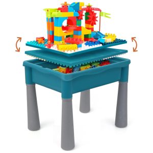 Mesa de Atividades Multifuncional 5 em 1 com 105 Blocos de Montar e Armazenamento BEAURE Azul