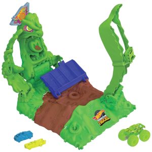 Pista Monster Trucks Arena Smashers que Brilha no Escuro Esacala 1:64 com 1 Caminhão Gunkster que Brilha no Escuro e 2 Carros Hot Wheels