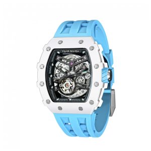 TSAR BOMBA Relógio Masculino Automático Luxury Esqueleto Quadrado com Cristal de Safira Silicone 50M Resistência à Água