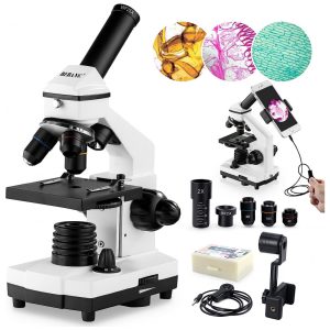 Microscópio Biológico Profissional para Crianças Estudantes 100X 2000X com Lâminas Bivolt BEBANG Branco
