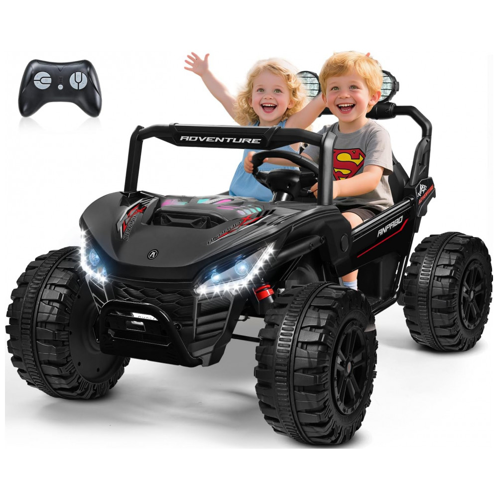 Carro Elétrico Infantil ANPABO Preto 24V 2 Lugares 4 Motores 200W Suspensão Rainbow LED Controle Bluetooth 5.1km/h
