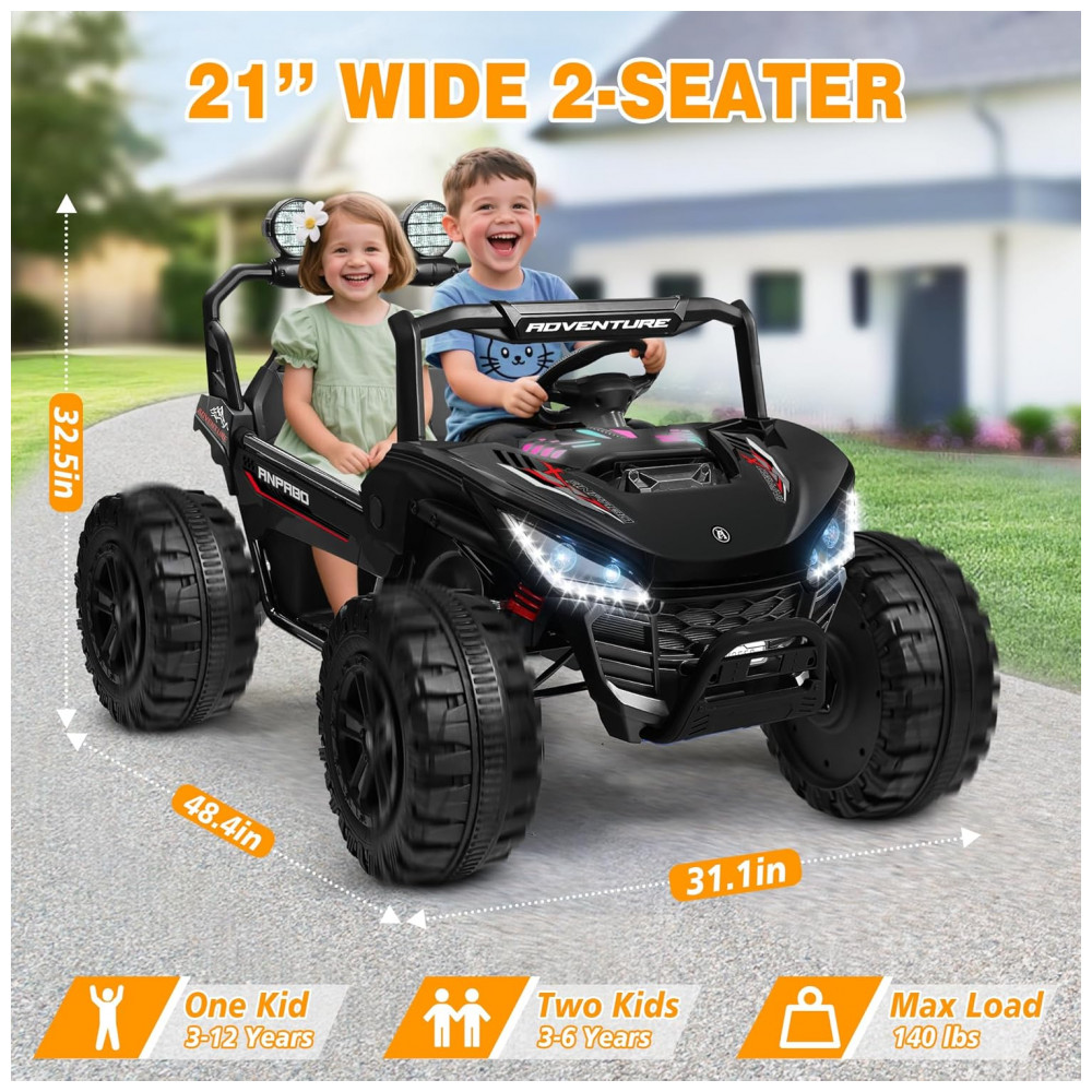 Carro Elétrico Infantil ANPABO Preto 24V 2 Lugares 4 Motores 200W Suspensão Rainbow LED Controle Bluetooth 5.1km/h - Imagem 2