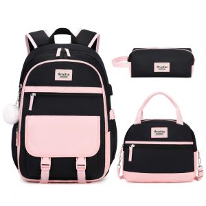 Mochila Bevalsa 3 em 1 rosa e preta com lancheira e estojo para notebook até 156" com porta USB
