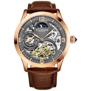 Relógio Automático Homem Masc AM PM Lua Sol Couro STUHRLING 3921.4 Dourado escuro