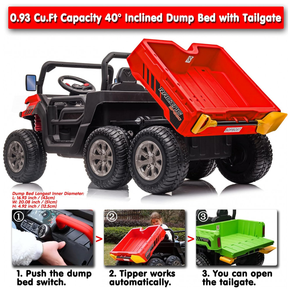 Caminhão Basculante Infantil Elétrico Sopbost Vermelho 24V 2 Lugares 4 Motores 75W Caçamba Automática 4WD Pneus EVA Controle Bluetooth - Imagem 3