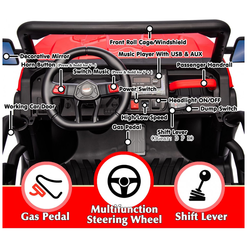 Caminhão Basculante Infantil Elétrico Sopbost Vermelho 24V 2 Lugares 4 Motores 75W Caçamba Automática 4WD Pneus EVA Controle Bluetooth - Imagem 5