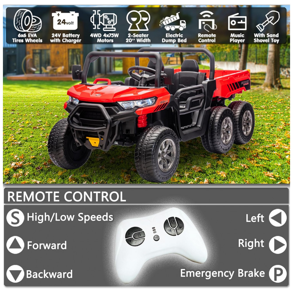 Caminhão Basculante Infantil Elétrico Sopbost Vermelho 24V 2 Lugares 4 Motores 75W Caçamba Automática 4WD Pneus EVA Controle Bluetooth - Imagem 6