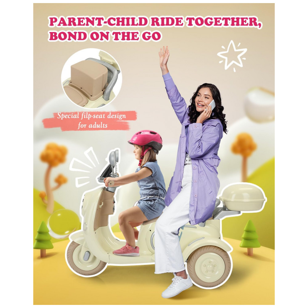 Moto Elétrica Infantil Letsgoride 12V Amarelo Pastel 2 Lugares 3 Rodas Baú Musical Bluetooth LED Buzina 2x50W - Imagem 3