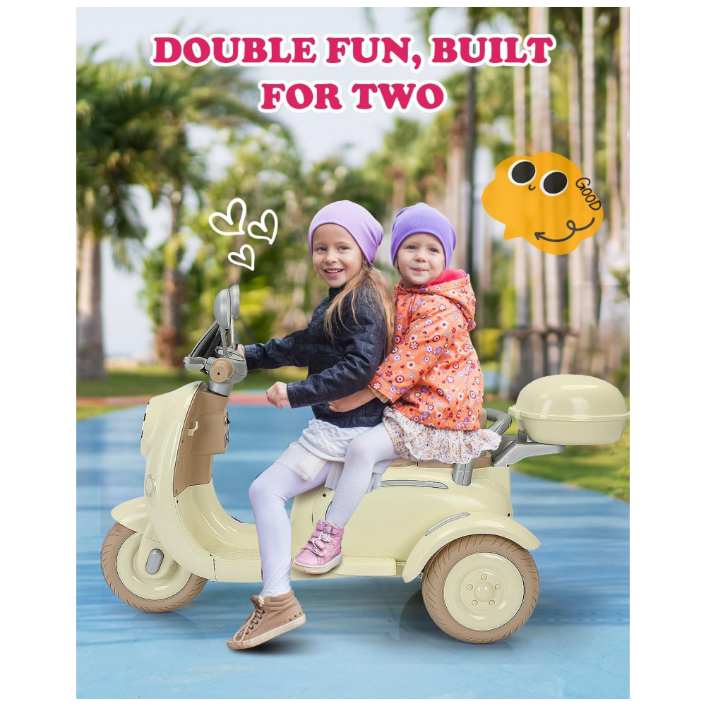 Moto Elétrica Infantil Letsgoride 12V Amarelo Pastel 2 Lugares 3 Rodas Baú Musical Bluetooth LED Buzina 2x50W - Imagem 4
