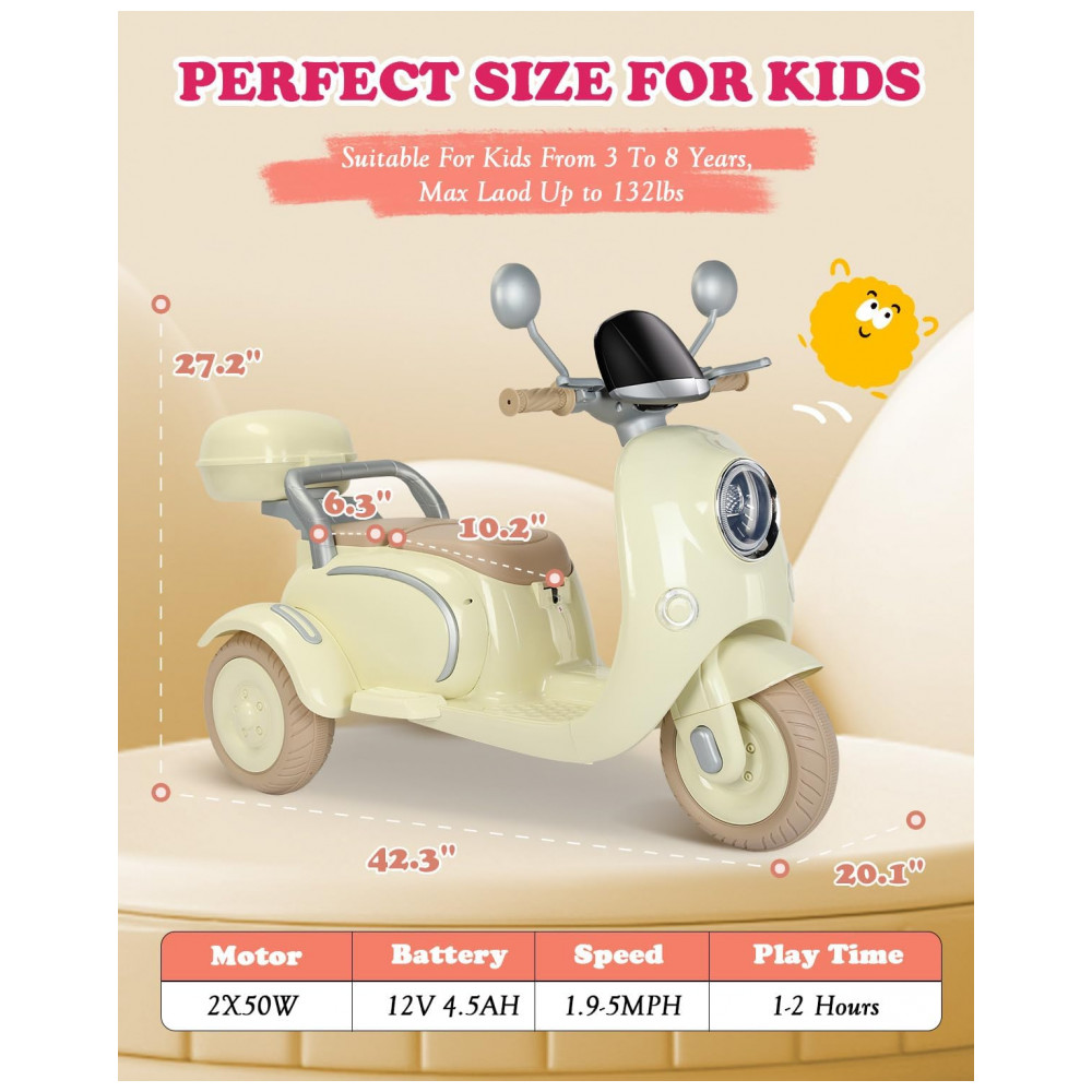 Moto Elétrica Infantil Letsgoride 12V Amarelo Pastel 2 Lugares 3 Rodas Baú Musical Bluetooth LED Buzina 2x50W - Imagem 6