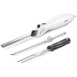 Faca Elétrica Reemix Z3042 para Entalhar Carnes Aves Pães Artesanato em Espuma e Mais 2 Lâminas para Carnes e Pães Garfo Incluso - Branca