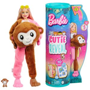Boneca Barbie Revelação com Fantasia de Pelúcia Macaco e 10 Surpresas Incluindo Mini Pet