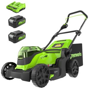 Cortador de Grama Elétrico Greenworks 48V 2 x 24V 17" Inclui 2 Baterias 4.0Ah e Carregador Rápido de Dupla Porta Ideal para Jardins de Médio a Grand