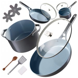 Jogo de Panelas e Frigideiras Antiaderentes em Alumínio 10 Peças Greater Goods Cinza