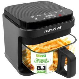 Air Fryer 54L com 8 Funções Predefinidas Tigela Transparente Controle Preciso de Temperatura e Tempo 110V 1200W NutriChef NCAF539TB Cinza
