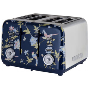 Torradeira 4 Fatias em Aço Inox Laura Ashley Azul Marinho com estampa floral Elveden Slots Largos 7 Níveis Funções Descongelar Reaquecer Rack para Croissants 1500W 110V