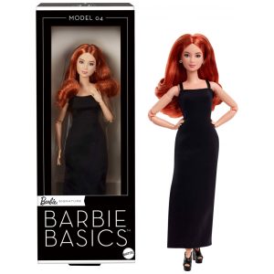 Boneca colecionável Barbie Basics Model 04 com cabelo cacheado ruivo vestido preto e corpo articulado petite 2025