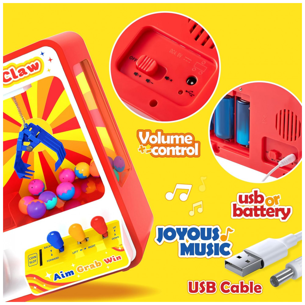 JOYIN Claw Machine Arcade Toy Vermelha com Luz LED e Som Ajustável, Mini Máquina de Garra Recarregável para Crianças - Imagem 3