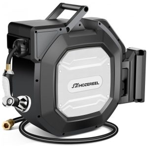 Mangueira de Jadim 40M com Enrolador Retrátil Rebobinamento Automático e Trava HOZEREEL Preto e Branco