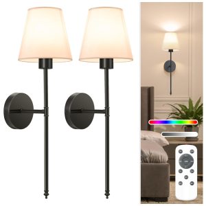 Conjunto de Luminária de Parede Recarregáveis Sem Fio com 2 Peças Estilo Moderno Controle Remoto Tamanho 60 cm Lâmpadas Removíveis e Personalizáveis NIORSUN SW013 Preta