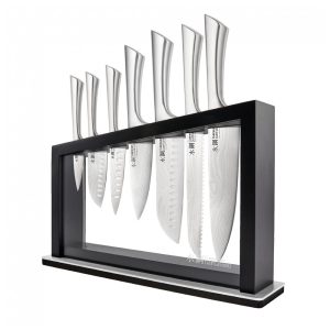 Conjunto de Facas Cuisine::pro Damashiro 8 Peças Satori com Bloco em Acácia e Lâminas Inspiradas em Damasco