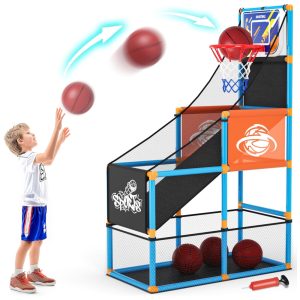 Jogo de Basquete Arcade Infantil com 4 Bolas Altura Ajustável e Bomba de Ar para Ambientes Internos Handwell Azul