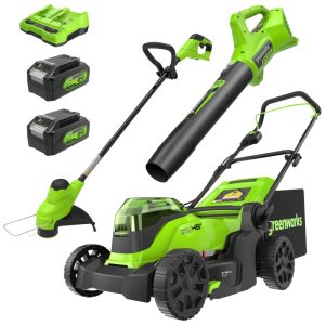 Kit Combo Greenworks 48V: Cortador de Grama de 17 polegadas Aparador de Grama de 12 polegadas e Soprador de 320CFM com 2 Baterias de 4.0Ah e Carrega
