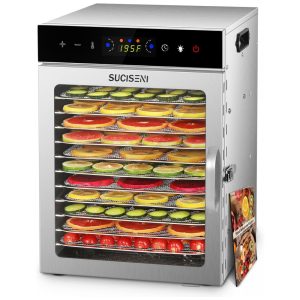 Desidratador de Alimentos SUCISENI com 12 Bandejas de Aço Inoxidável 1000W Timer de 24 Horas e Controle de Temperatura 195°C Ideal para Jerky