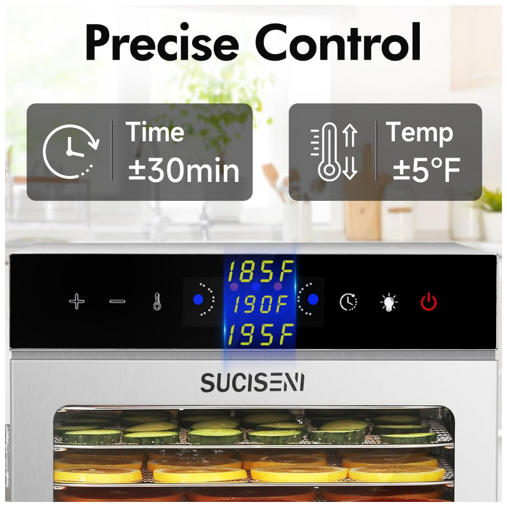 Desidratador de Alimentos SUCISENI com 12 Bandejas de Aço Inoxidável, 1000W, Timer de 24 Horas e Controle de Temperatura 195°C, Ideal para Jerky, - Imagem 5