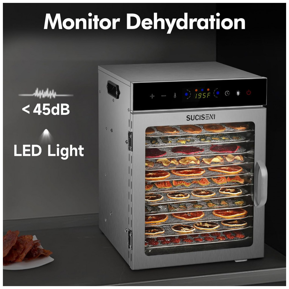 Desidratador de Alimentos SUCISENI com 12 Bandejas de Aço Inoxidável, 1000W, Timer de 24 Horas e Controle de Temperatura 195°C, Ideal para Jerky, - Imagem 7