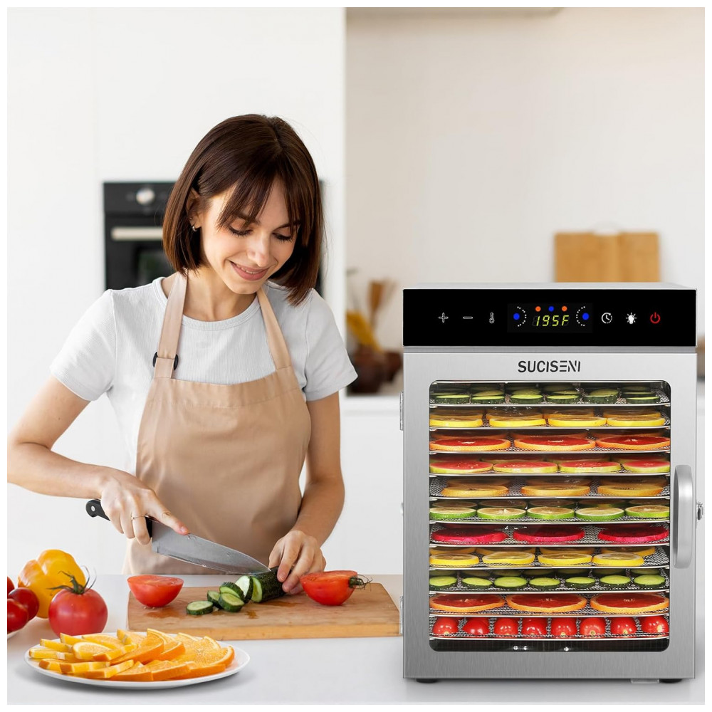 Desidratador de Alimentos SUCISENI com 12 Bandejas de Aço Inoxidável, 1000W, Timer de 24 Horas e Controle de Temperatura 195°C, Ideal para Jerky, - Imagem 8
