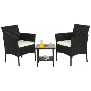 Conjunto de Móveis de Exterior de Vime FDW com 3 Cadeiras de Pátio em Rattan e Mesa de Café para Quintal Jardim Varanda Piscina e Sacada - Preto Pr