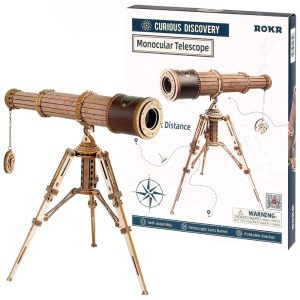 Quebra Cabeças 3D em Madeira para Adultos Tema Telescópio Monocular com 314 Peças ROKR ST004 Marrom