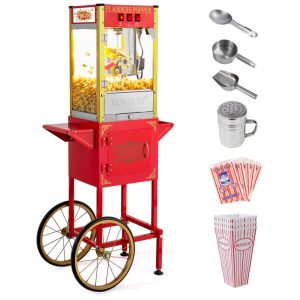 Pipoqueira Elétrica Estilo Cinema com Rodas e Chaleira de 236g Rende até 7L de Pipoca Inclui Colher de Pipoca e Colher de Óleo 850W ROVSUN Vermelha