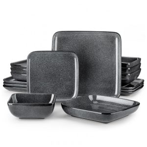 Aparelho de Jantar com 16 Peças Quadradas de Cerâmica em Esmalte Reativo Vancasso Cinza