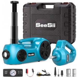 Kit Cric Elétrico SEESII 5 Toneladas 12V com Chave de Impacto Elétrica e Inflador de Pneus Alcance de Elevação de 155 a 45 cm para Troca de Pneus