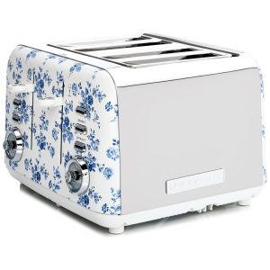 Torradeira 4 Fatias em Aço Inox Laura Ashley Rosa China com estampa floral Slots Largos 7 Níveis Funções Descongelar Reaquecer Rack para Croissants 1500W 110V