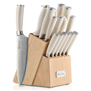 Conjunto de Facas de Cozinha Sunnecko 15 Peças Branco com Afiador e Bloco em Madeira