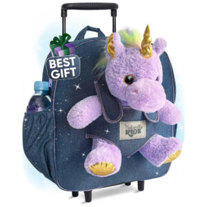 Mala infantil com rodinhas Naturally KIDS unicórnio roxo mochila trolley 9 L com pelúcia destacável para meninas de 3 a 9 anos