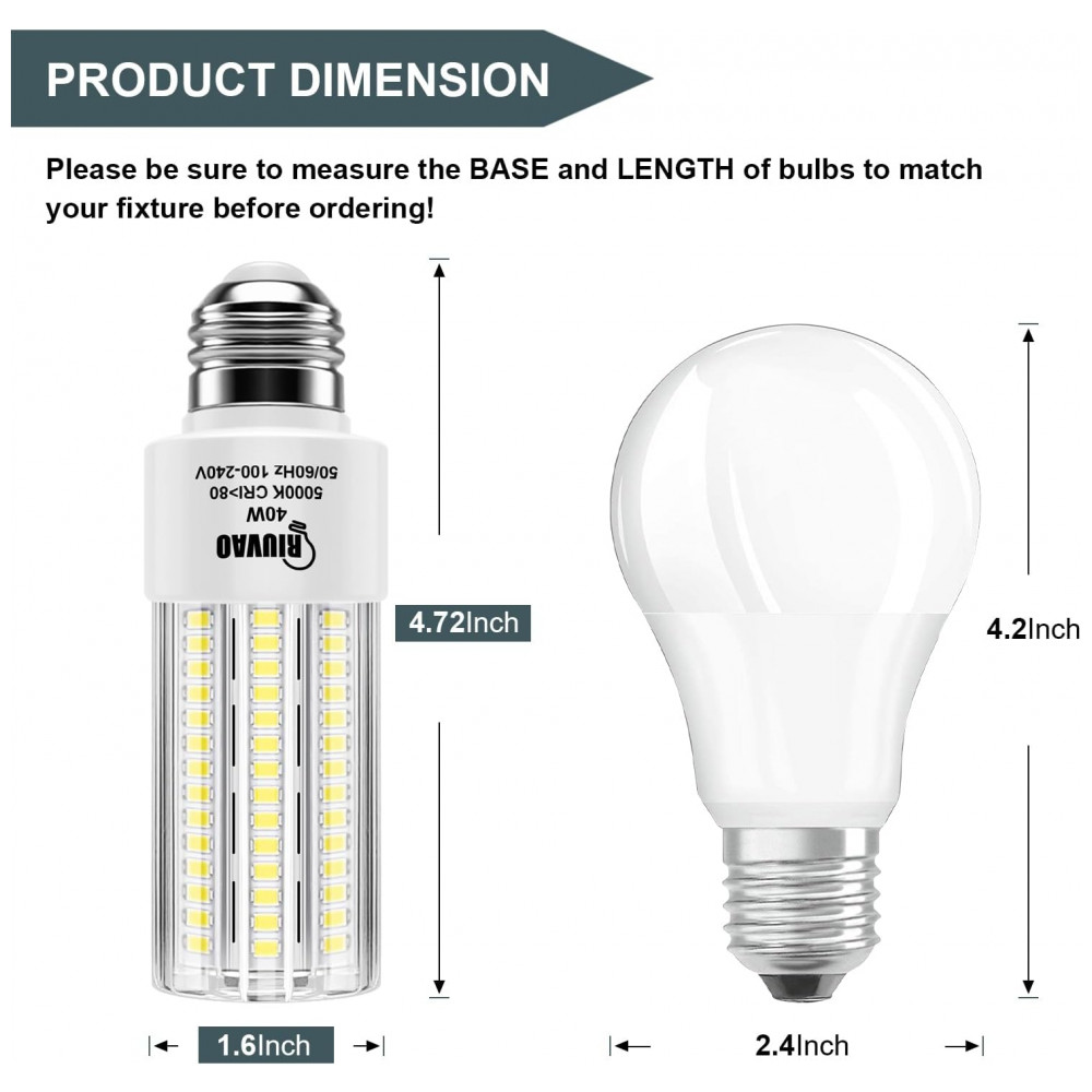 Lâmpada de Milho LED 40W, Equivalente a 300W Incandescente, 5000 Lumens, Luz Branca Fria 5000K, Base Média E26E27, RIUVAO - Imagem 2