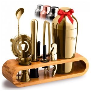 Kit Bn Profissional Mixology Craftb 10 Peças em Alumínio com Suporte de Bambu Cor Dourado
