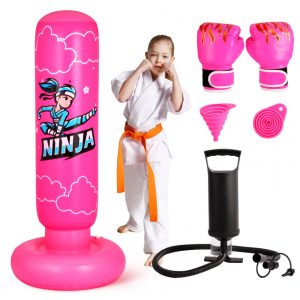 Saco de pancadas inflável infantil Onirii ninja rosa 168cm PVC com luvas e bomba de