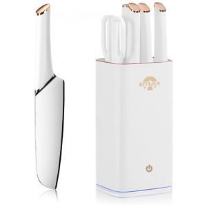 Conjunto de Facas Inteligente em Aço Inoxidável com Bloco de Bancada e Afiador Embutido 6 Peças ZEEKMUSS Branco