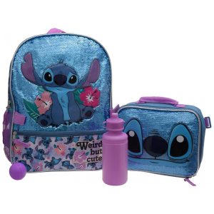 Mochila Escolar Infantil 40cm Disney Lilo Stitch 4 Peças com Lancheira Azul