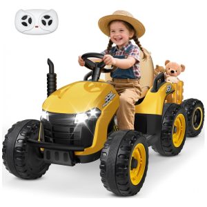 Trator Infantil Elétrico ANPABO Amarelo 24V Trailer Basculante Removível Pneus EVA Controle Remoto com Som Realista e Bluetooth