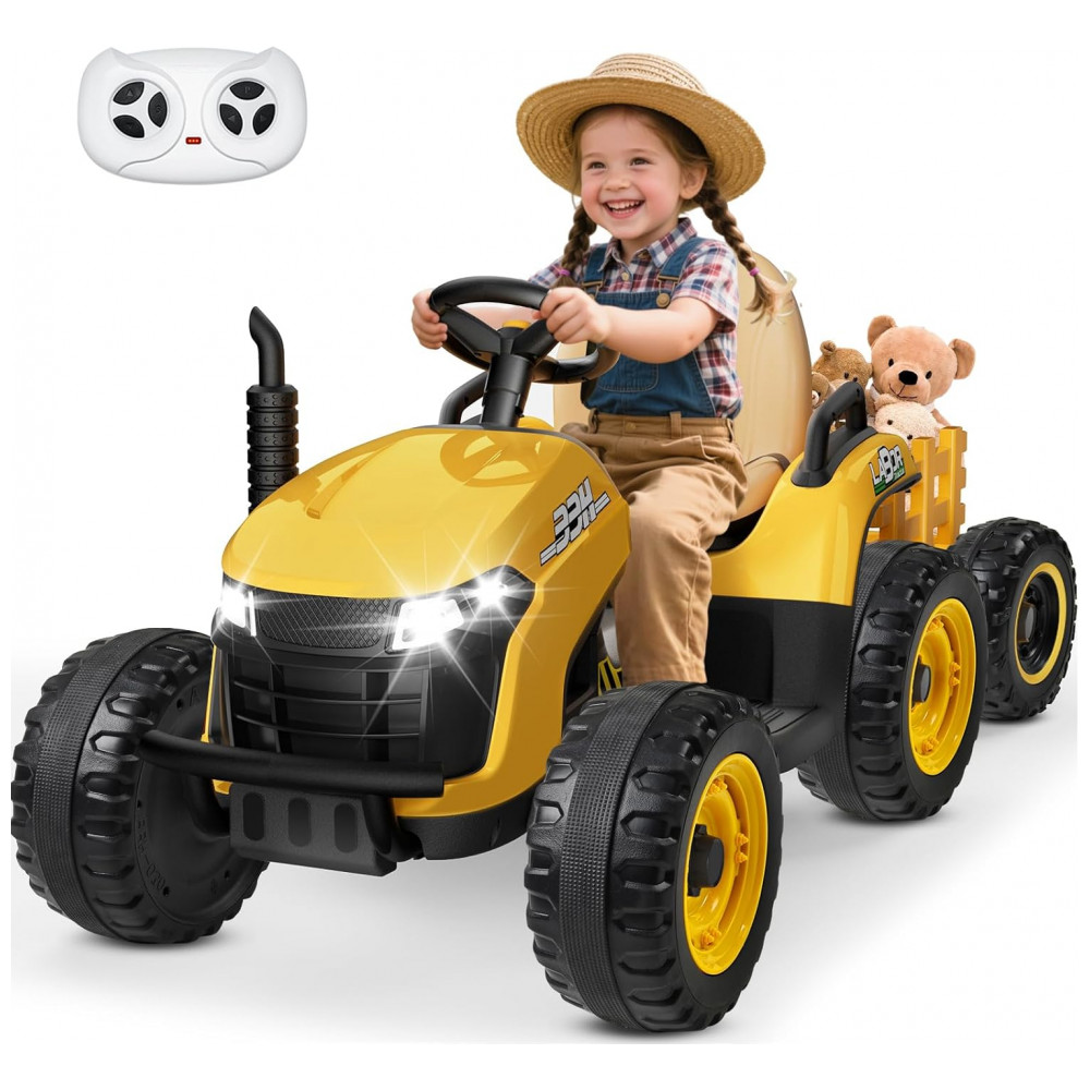 Trator Infantil Elétrico ANPABO Amarelo 24V Trailer Basculante Removível Pneus EVA Controle Remoto com Som Realista e Bluetooth