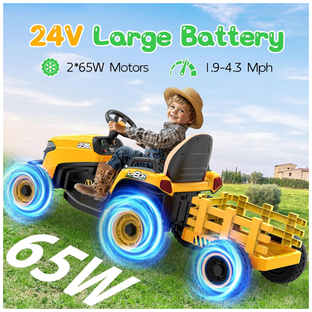 Trator Infantil Elétrico ANPABO Amarelo 24V Trailer Basculante Removível Pneus EVA Controle Remoto com Som Realista e Bluetooth - Imagem 2