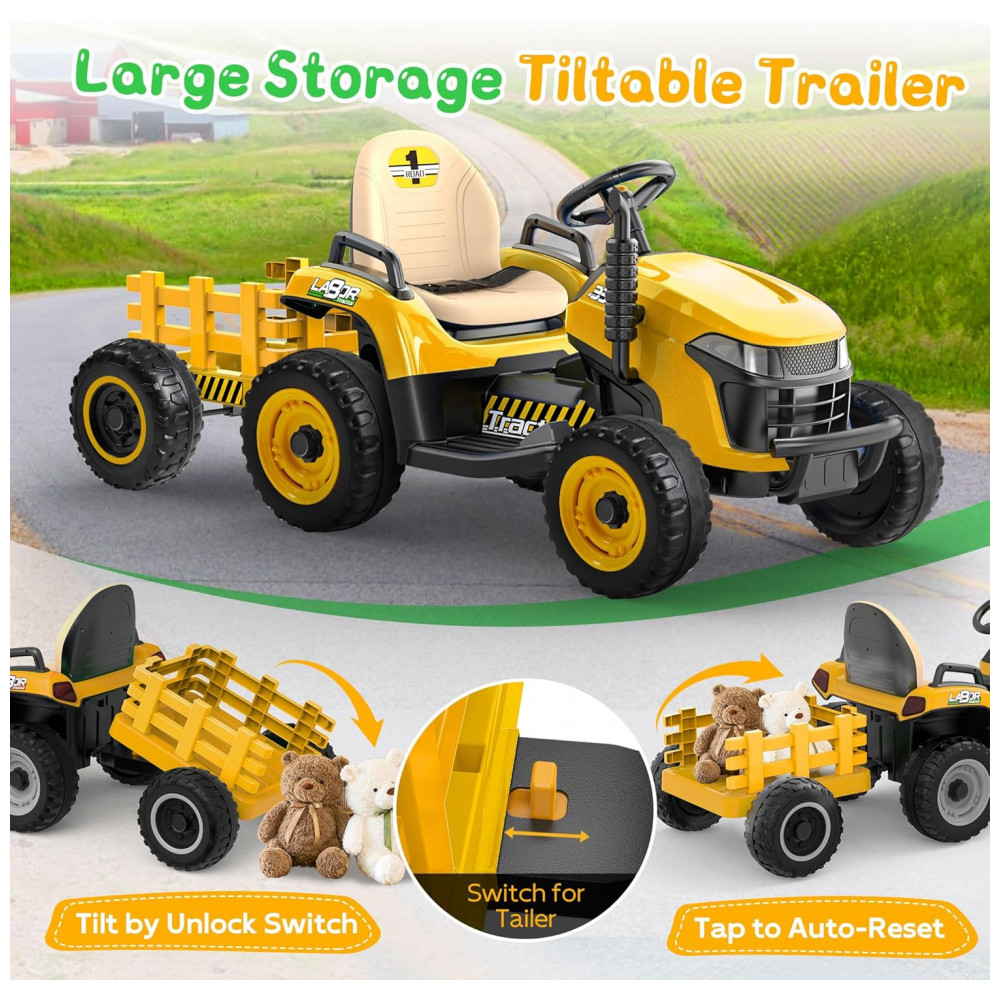 Trator Infantil Elétrico ANPABO Amarelo 24V Trailer Basculante Removível Pneus EVA Controle Remoto com Som Realista e Bluetooth - Imagem 3